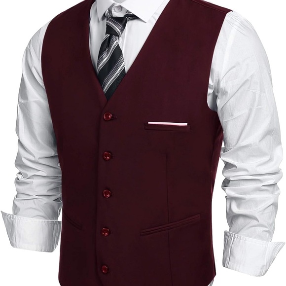 Men's Business Suit Vest Slim Fit Dress Vest Wedding Waistcoat wine red/burgundy - Picture 1 of 7